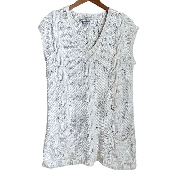 Vintage Adrienne Vittadini Women S Sweater Vest White Oversized Cable Knit Y2K - Picture 1 of 6